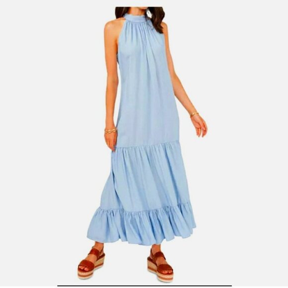 Vince Camuto Dresses & Skirts - Vince Camuto Sleeveless Tiered Maxi Dress Light Blue Sz Small‎ NWT Halter Neck